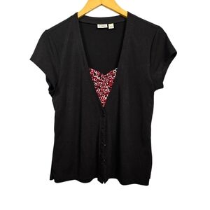 Cato Black Button-Down Shirt with Patterned Red Detail Size L